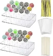2 Packs Acrylic Lollipop Holder & Cake Pop Stand Display - 100PCS Lollipop Sticks, Clear Treats Bags & Gold Metallic Twist Ties for Candy Making Tools