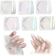 White Chrome Nail Powder, Magic White Pearl Rainbow Aurora Powder, Metallic Mirror Glitter, Suitable for Nail Polish, mica Rainbow Nails (6 Colors)