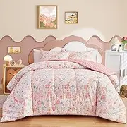 Joyreap 3pcs Floral Cotton Comforter Set for Girls, Pink Flowers Design, Queen Size Soft n Cozy Bedding Comforter Set for All Season- 88x88 inches