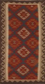 Flat-Weave Geometric Reversible Kilim Runner Rug Wool Hand-made 3x7 ft Carpet