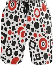[GuoChe] Mens Funny Swim Trunks Geometric Square Abundant Red Black White Quick Dry Beachwear Sports Running Swim Board Shorts