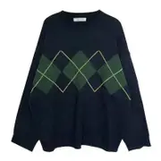 Nevenka Women Plaid Sweater Preppy Style Vintage Pullover-Navy Blue