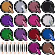 EnMart Nail Glitter Powder Set, Nail Powder Metallic Chrome Powder 14 Colours Mirror Effect Nail Powder with 14 Eyeshadow Sticks for Body Eye Hair Nail Painting DIY Art