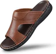 [FIEEIF] Mens Leather Slide Sandals Open Toe Comfortable Arch Support Leisure Summer Outdoor Casual Flip Flops for Men