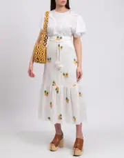 RRP€585 ZIMMERMANN Linen Midi Skirt Size AU0 US2 XS Pineapple Embroidered Shell