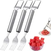 Watermelon Fork Slicer Cutter, 2 in 1 Stainless Steel Watermelon Cutter, Dual Head Fruit Forks Knife, Summer Head Fruit Cutters Slicer Tool Home Kitchen Gadgets (Silver,3 pcs)