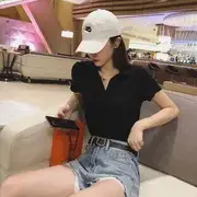 Short-Sleeve V-Neck Plain Polo Shirt Black - XL
