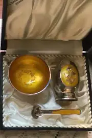 BOXED SET Meka Denmark Sterling Golden Enamel Salt Cellar/Pepper Shaker/Spoon