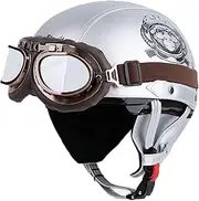 Motorcycle Helmet Half Shell Jet Helmet with Goggles Removable Ear Liners and Built-in Visor Moped Helmet Fit Adult Mens Womens Motorcycle Cruiser DOT/ECE Approved