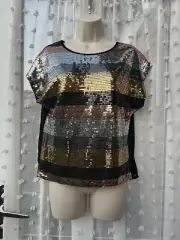 GORGEOUS GOLD, BRONZE, SILVER & BLACK SEQUIN FRONT SHEER BACK TOP SZ 10 BNWT
