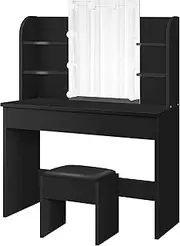 ALFORDSON LED Dressing Table with Vanity Stool & Mirror Black Color, Makeup Desk Chair Set with 10 Bulbs Adjustable Brightness Light, Bedroom Dresser Table Storage Organiser