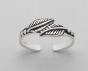 TJS 925 Sterling Silver Double Leaf Solid Leaves Toe Ring Adjustable Jewellery