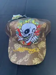Vtg ed hardy hat rhinestone Brown SnapBack Mesh Skull Embroidery Cap New