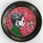 Lawn Walker Original Collage Assemblage Vtg Pie Pan Glass Beads Fairy Wall Art