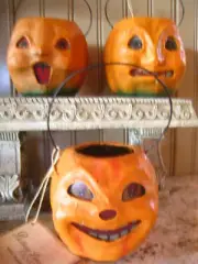 3 Bethany Lowe Halloween Paper Mache Happy Mini Pumpkin Buckets Jack O Lanterns
