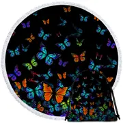 Black Background Colorful Butterflies Round Beach Towel