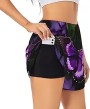[GaxfjRu] Beautiful Purple Butterfly Print Women's Running Shorts High Waisted Running Shorts Pocket Sporty Gym Elastic Short