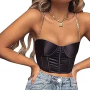 [Generic] Women Sexy Mesh Bustier Crop Top Backless Chain Straps Push Up Padded Corset Top Bra for Party Club Rave Outfit