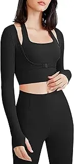 [Generic] Yoga Shirts with Built in Bra Cutout Padded Crop Tops Long Sleeve Gym T Shirt for Women Workout