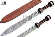 22 Inch Roman Gladius, Damascus Steel Double Edge Blade Battle Ready With Sheath