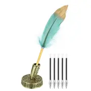 Dark Green Feather Ballpoint Pens, Writing Pens with 5pcs Refill, Ancient Bronze