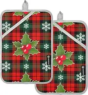 Oven Pot Holders Heat Resistant Happy New Year Christmas Plaid Red Berry Potholders for Kitchens with Pocket Kitchen Hot Pad Oven Mitts 2 Pack