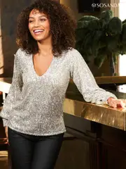 Sosandar Silver Sequin V-Neck Blouson Sleeve Top (N60505) | $136