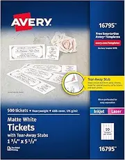 Avery 16795 Tickets with Tear-Off Studs 3.5 x 13.7 cm Matt White (Pack of 500)