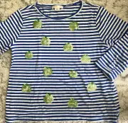 NEW J Crew Crew Cuts L/S Top Girl Blue Stripe w Sparkly Green Apples 6-7 6 7