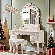 Makeup Vanity Table Set with Mirror,Dressing Table with Ring Storage Box & Stool,Vintage European(A)