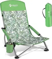 VILLEY Low Beach Chair, High Back Folding Chair Green Tropical Leaves