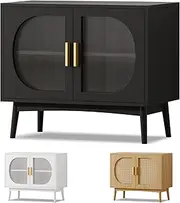 ALFORDSON Sideboard Buffet Table with Fluted Door, Cupboard Cabinet Storage with Shelves, Pantry Organiser for Kitchen, Hallway, Living Room, Bedroom and Bathroom, Black Color