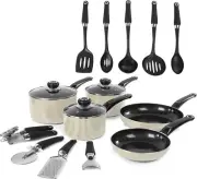 Equip 14 Piece Cookware Set (3 Pots + 2 Saucepans + 9 Utensils), Cream, Alumi...