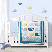 Sweet baba 100% Cotton Whale Crib Bedding Set for Boys-Blue/Green/Grey,4 Piece Set Includes Quilt,Fitted Sheet,Crib Skirt,Blanket,