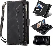 [GoshukunTech] for Samsung Galaxy S23 FE Wallet Case,for Galaxy S23 FE Case,Skin Leather Flip Cover with Wrist Strap [6 Card Slots] [2 Cash Pocket] [1 Zipper Coin Pocket]-Black
