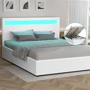 ALFORDSON Gas Lift Storage Bed Frame Base with Headboard & LED Light Lahela Series, Mattress Topper Platform Foundation with PU Leather Upholstery, 320kg Capacity, Queen, White Colour