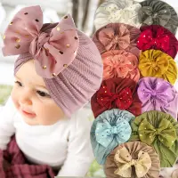 在飛比找蝦皮購物優惠-哈哈嬰兒新生兒帽子可愛閃亮蝴蝶結純色打結滌綸帽子