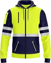 NOROZE Mens Hi-Viz Front Zip Hoodie Reflective Tape High Visibility Safety Coat Sweatshirt