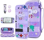 FUNDIARY Purple Carrying Case Compatible with Nintendo Switch, Musical Cool Penguin Accessories Bundle with Travel Storage Bag, Soft TPU Dockable Cover, Screen Protector, Shoulder Strap & 2 Thumb Caps