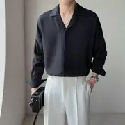 Long-Sleeve Camp Collar Plain Shirt C42 - Black - XL