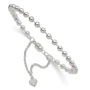 Sterling Silver Polished 4mm Beaded Dangling Heart 7.5 Inch Charm Bracelet With Magnetic Clasp