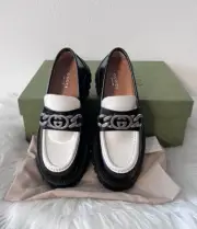 NIB Gucci Jeanne Cordovan GG Logo Chain Ilde Harald Lug Wedge Platform Loafer 41