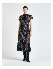 [Cue] Ink Illustrated Floral Satin Fold Neck Dress