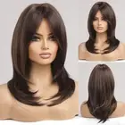 Brown with Blonde Highlight Wigs for Women,Shoulder-Length Wig with Bangs Syn...