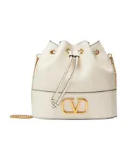 Valentino VLogo Plaque Drawstring Bucket Bag One size Light ivory white