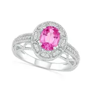 Oval Lab-Created Pink and White Sapphire Frame Scallop Border Shank Antique Vintage-Style Ring in Sterling Silver