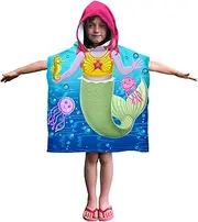 Dawhud Direct Poncho Beach Towels for Kids Towels with Hood, Hooded Bath Towel for Pool, Baby, Toddler Towels for Boy and Girl (Mermaid and Friends)