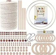 152pcs Macrame Kits for Beginners 3mm x 220yards Natural Cotton Macrame Cord with Wooden Beads,Wooden Rings,Wooden Sticks,Metal Rings Macrame Supplies Best for Macrame Plant Hanger