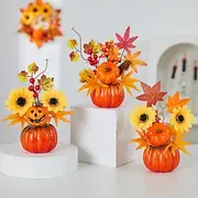 Halloween Fall Desktop Ornament with Faux Pumpkin, Maple Leaves and LED Light Up Decor for Autumn Harvest Festival, Spooky Fall Scene Decoration for Halloween