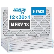 Aerostar 12x30x1 MERV 13 Air Filter, 6 Pack (11 3/4" x 29 3/4" x 3/4")